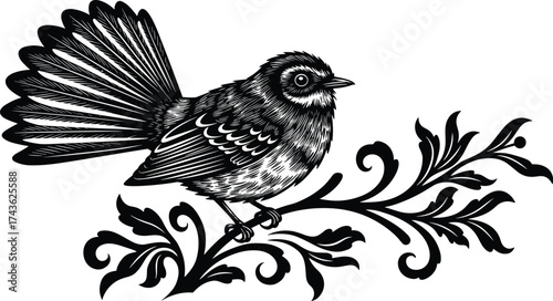 Black and white bird perched on ornate branch, vintage vector illustration with decorative feathers, engraving style for nature and art themes