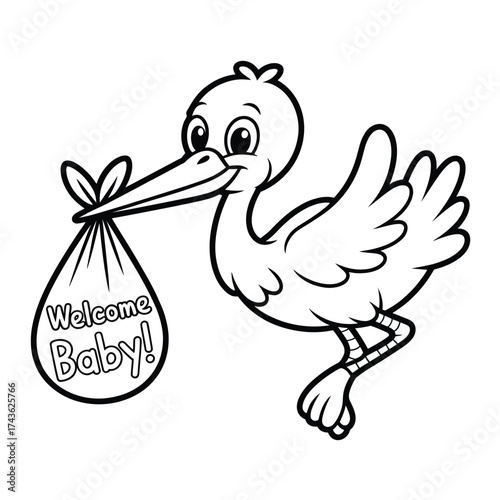 Charming black and white line art vector illustration of a stork delivering a baby bundle scalable eps icon silhouette White background