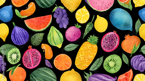 Colorful watercolor fruits on a black background