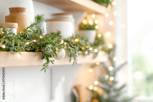 Cozy christmas kitchen with festive greenery and decor near sunlit window