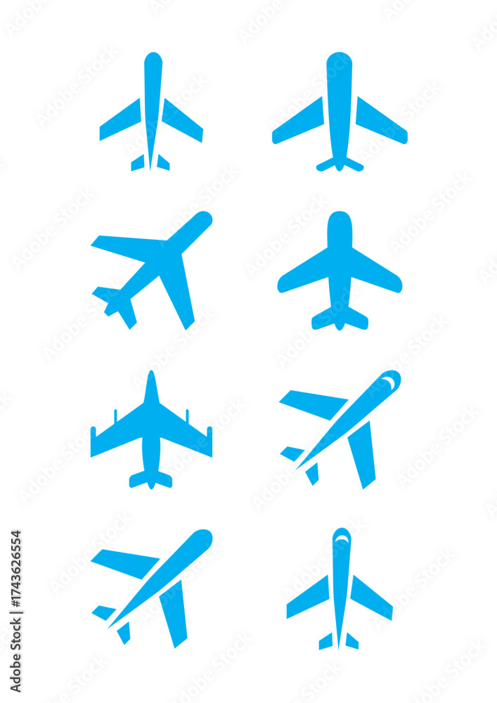 Fototapeta premium Airplane Icon Vector Set – Aircraft Silhouettes and Travel Symbols for Aviation, Transport, Logo, and UI Design