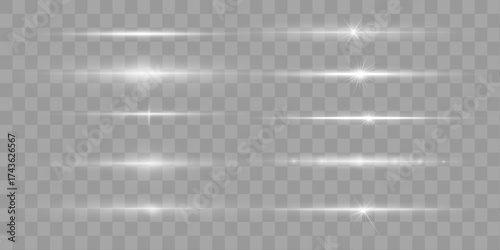 White streaks light pack. Horizontal glowing beams, sparkling lines. Beautiful luminous effects on dark background. Motion and abstract streaks. Elegant linear light textures.