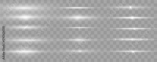 White glowing horizontal lines pack. Luminous streaks, shining beams. Beautiful abstract motion light. Sparkling linear effects for modern designs.