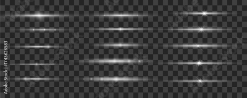 White luminous light rays pack. Horizontal glowing streaks, shining lines. Motion streaks for digital design. Bright horizontal flares.
