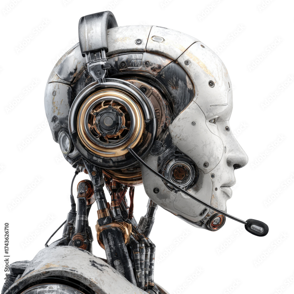 Fototapeta premium Cybernetic Communication: An advanced android, equipped with a headset, gazes with a blend of futuristic innovation and empathetic understanding.