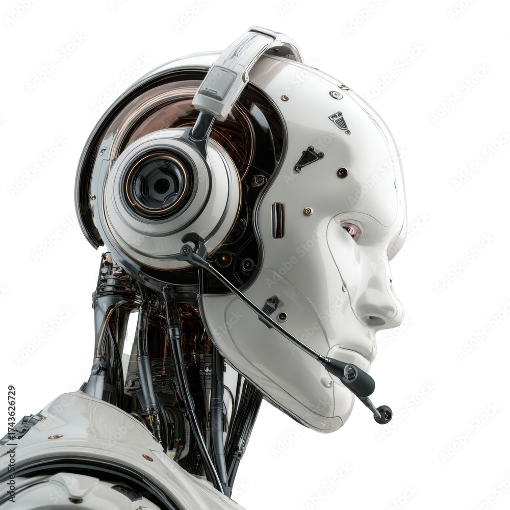 Fototapeta premium Cyborg with Headset: A futuristic cyborg profile, adorned with a headset, embodies the fusion of technology and humanity, signaling the rise of artificial intelligence.