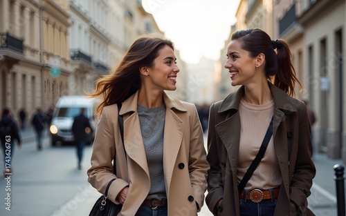 Fashionable european ladies talking while walking around city. Amazing brunette woman with camera looking at her friend with smile. High quality