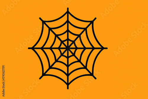 Black Spider Web Outline Vector on Orange Background, Halloween Decoration, Isolated Geometric Cobweb Design