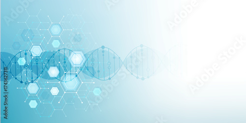 Molecular structure and genetic engineering, atom, neural network, neurons, DNA molecule. Scientific research concept for healthcare, medical, technology, chemistry, science template presentation