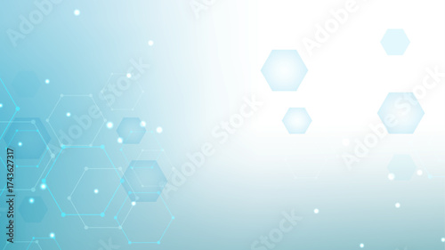 Health care or medical abstract background with hexagons, lines and dots. Scientific innovation banner template concept. Biology and pharmaceutical technology background. Vector illustration.