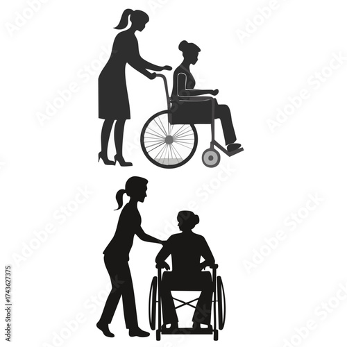 Vector silhouette of caregiver or nurse supporting an elderly person with a walker, symbolizing compassion and healthcare assistance.