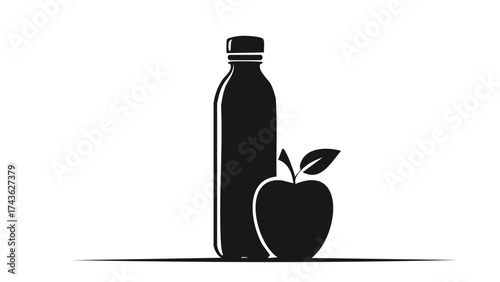 Black silhouette of an apple and water bottle symbolizing balanced nutrition and hydration for wellness and fitness themes