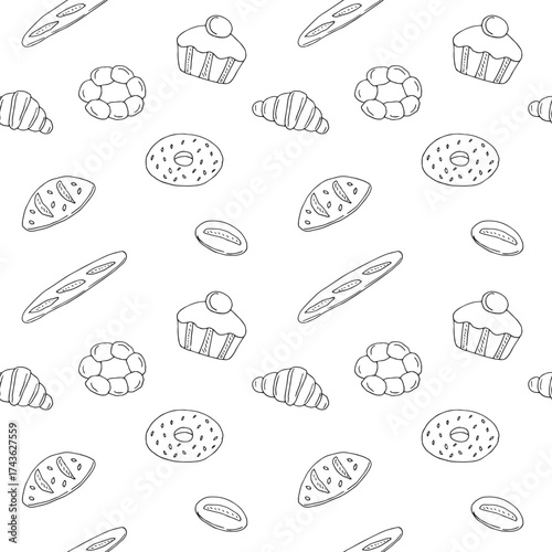 French and Italian bread, seamless pattern, hand drawn, vector illustration