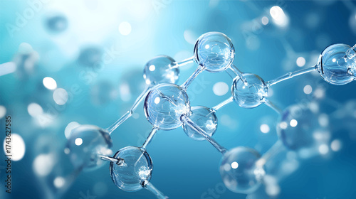 Close-up of molecular structures with a blue background, showcasing interconnected atoms and bonds, representing scientific research and innovation