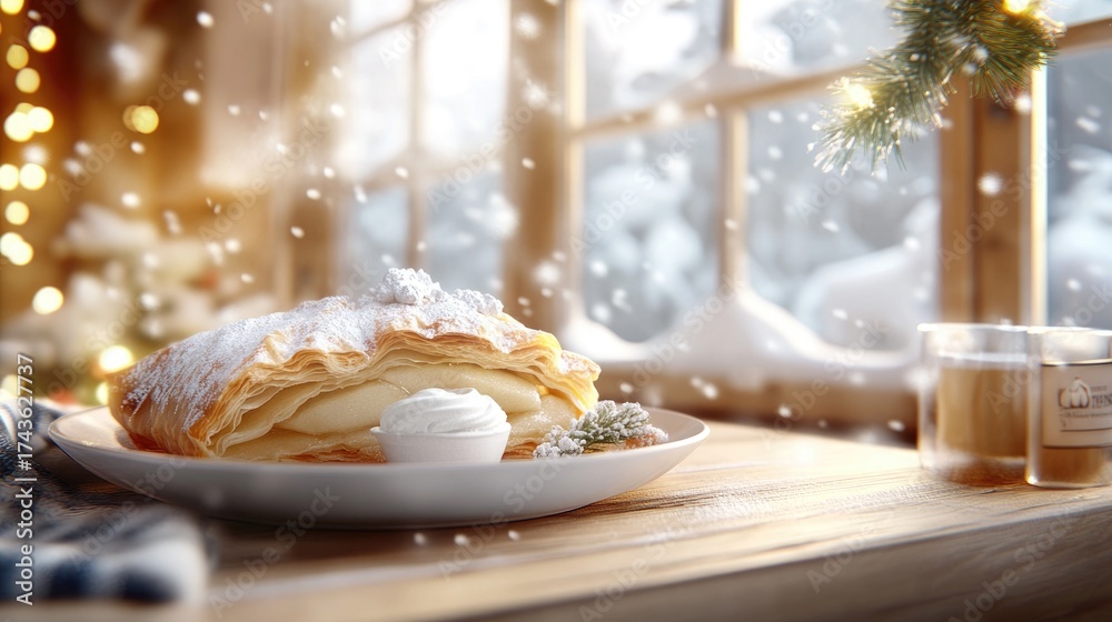 Obraz premium Festive apple strudel with icing sugar on a plate during holiday season