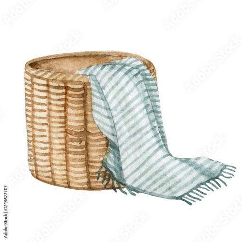 Watercolor wicker basket and blanlet⁠
