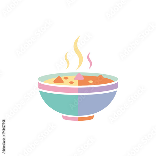 Steaming bowl of hot soup with colorful design.