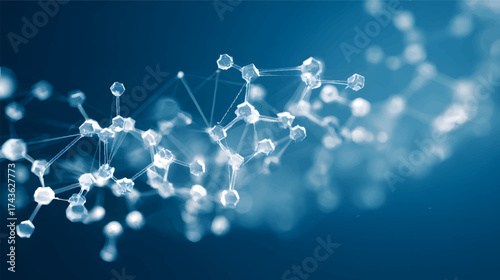 Close-up of molecular structures with a blue background, showcasing interconnected atoms and bonds, representing scientific research and innovation