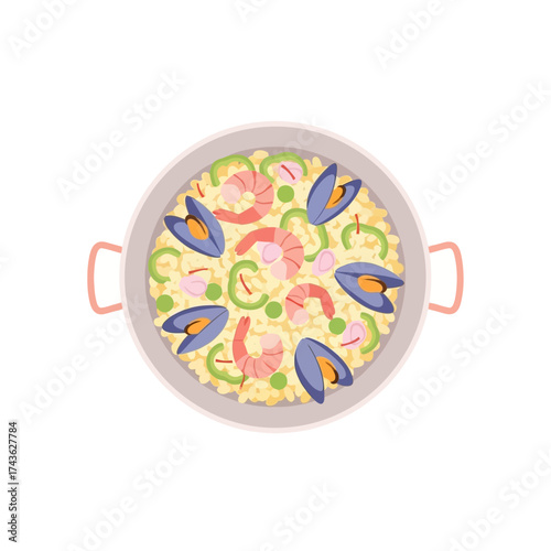 Delicious Seafood Paella Dish with Mussels and Shrimp.