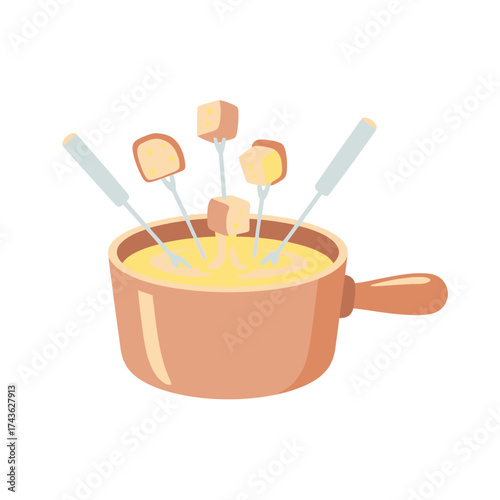 Classic Swiss cheese fondue pot with bread cubes.
