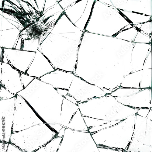 Shattered glass shows intricate patterns and textures with a light background in a close-up view of broken pane