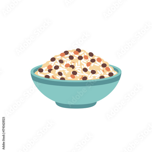 Bowl of oatmeal with raisins and nuts illustration.