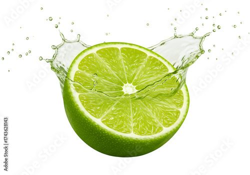 A fresh lime wedge with juice visibly splashing out, highlighting the vibrant green rind and juicy segments, isolated on white or transparent background. PNG