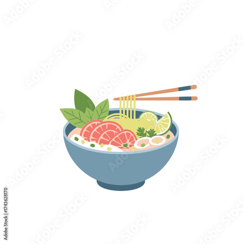 Delicious bowl of Vietnamese pho noodle soup with chopsticks.