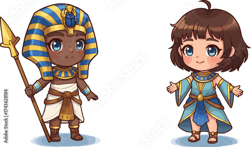 Cartoon ancient Egyptian characters in traditional clothing with spear and robe, showcasing historical culture, diversity, and educational vector illustration concept