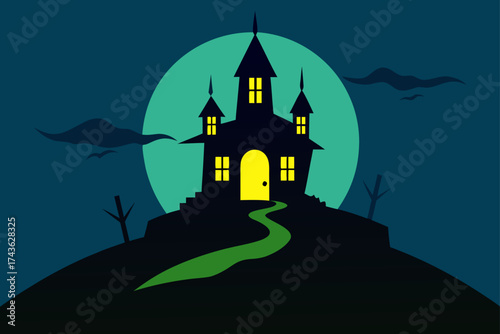 Spooky haunted house silhouette on a hill under a full moon