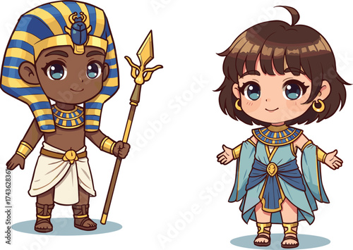 Cartoon ancient Egyptian characters in traditional clothing with staff and tunic, showcasing history, culture, diversity, and educational vector illustration concept