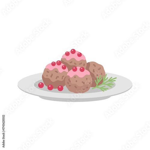 Delicious Meatballs with Lingonberry Sauce and Rosemary Garnish.
