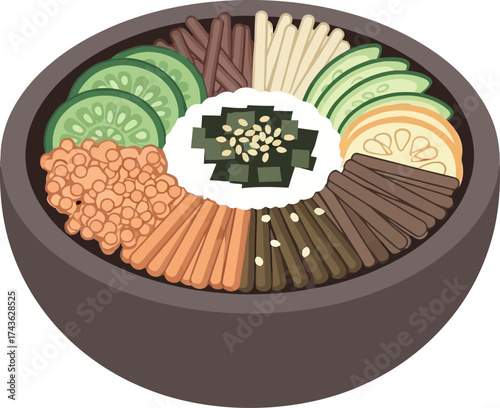 Delicious Korean Bibimbap Bowl with Colorful Vegetables and Rice.