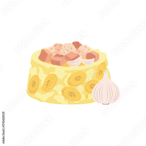 A delicious banana cake with garlic on the side.