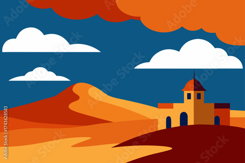 Stylized desert landscape with sand dunes and a building under a blue sky with clouds