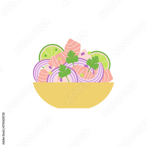 Delicious Salmon Ceviche Dish with Lime and Red Onion in a Bowl.