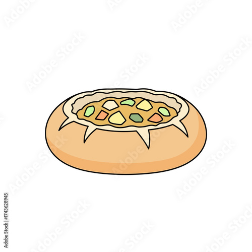 Delicious Bread Bowl Soup Cartoon Illustration.