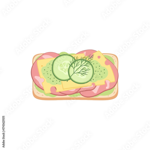 Open faced sandwich with ham cheese and cucumber illustration.