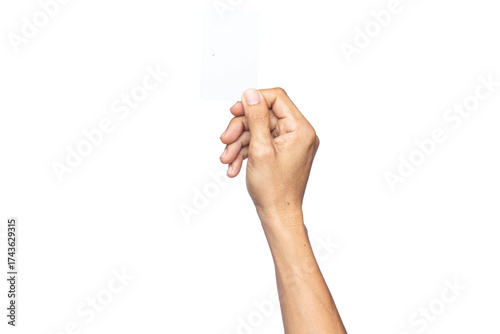 business man hand holding business card isolated on white background with clipping path