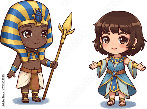 Cartoon ancient Egyptian characters in traditional royal attire with staff and jewelry, showcasing historical culture, diversity, and educational vector concept