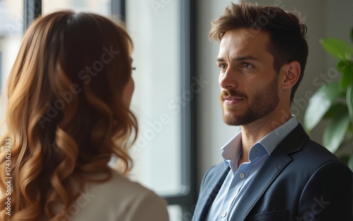 Young man telling gossips to his woman colleague. High quality
