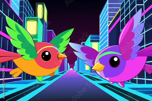 Two colorful birds fly through a futuristic cityscape at night illustration