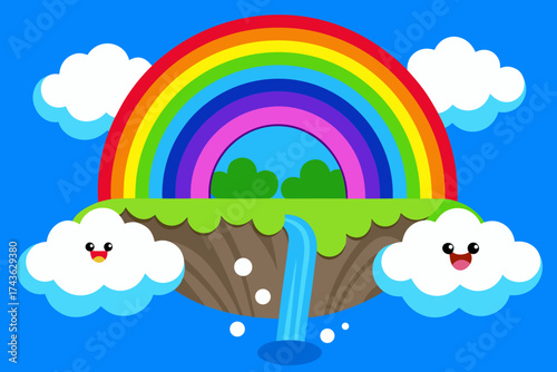 A cute rainbow with a waterfall flowing from a floating island in the sky