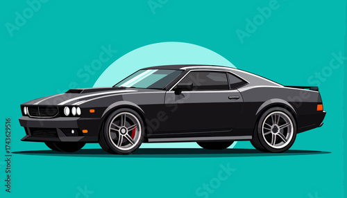 Flat vector illustration of a classic muscle car in black with racing stripes and modern design