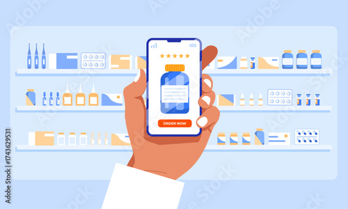 Doctor ordering medicine through mobile health app while standing in a pharmacy surrounded by shelves with drugs and medical supplies, modern digital healthcare and online prescription service illustr