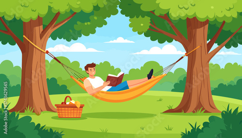 Relaxing in Nature A Man Enjoying a Book in a Hammock Under the Trees