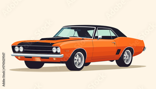 Classic 1970s Muscle Car Illustration Vibrant Orange Coupe with Black Roof for Automotive Design