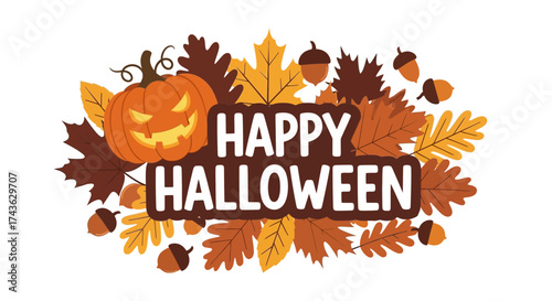 Festive Halloween Greeting with Pumpkin, Leaves, and Acorns A Spooky Celebration