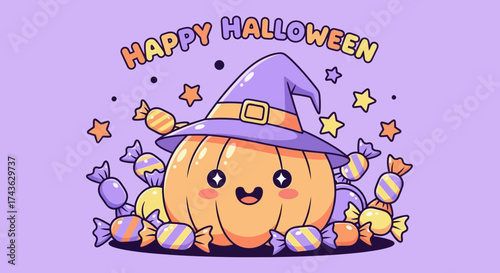 Whimsical Halloween Pumpkin Illustration with Festive Candy and Stars, Perfect for October Fun