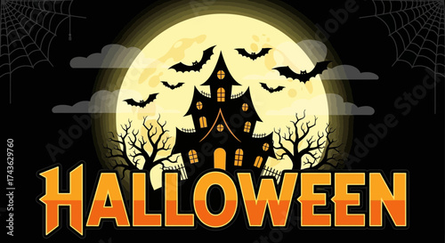 Spooky Halloween Night Haunted House, Bats, and Full Moon Silhouette Against the Dark Sky